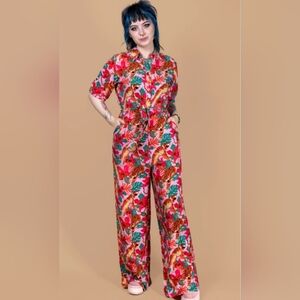 Run and Fly Tie pink Tiger Lily Jumpsuit with Cuffed Sleeves